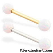 14K Gold straight barbell with White opal balls