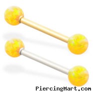 14K Gold straight barbell with Yellow opal balls