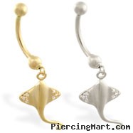 14K Yellow Gold belly ring with dangling CZ jeweled sting ray