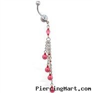 Navel ring with dangling chains and pink pearls