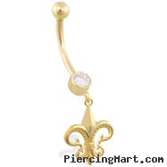 14K Yellow Gold belly ring with dangling Fleur-de-Lis charm