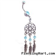 Jeweled belly ring with dangling dream catcher and feathers