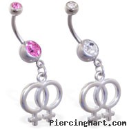 Jeweled navel ring with dangling double female gender symbol