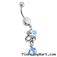 Jeweled navel ring with lt blue jeweled dangle