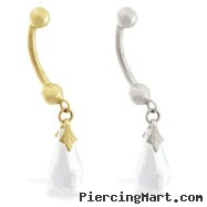 14K Gold belly ring with dangling clear swarovski crystal teardrop