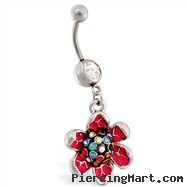 Navel ring with dangling multi-jeweled flower