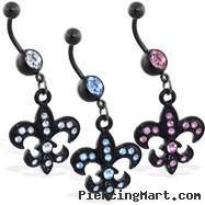 Black coated belly ring with dangling jeweled fleur-de-lis