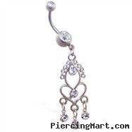 Belly ring with jeweled heart chandelier dangle
