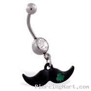 Jeweled belly ring with Dangling Black Mustache with Clover