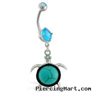 Navel ring with dangling turquoise stone turtle