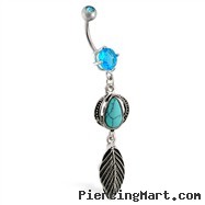 Belly ring with dangling turquoise stone and feather