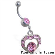 Belly ring with dangling pink jeweled heart with gem