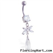 Navel ring with dangling jeweled flower and crystal