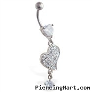 Jeweled heart belly ring with dangling heart and gem