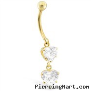 14K Gold Belly Ring With Dangle Double Clear CZ Hearts