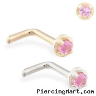 14K Gold L-shaped nose pin with 1.5mm Pink Tourmaline gem