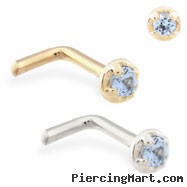 14K Gold L-shaped nose pin with 1.5mm Aquamarine gem