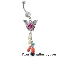 Belly ring with multi-color rose butterfly dangle