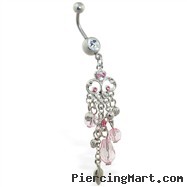 Flower chandelier dangling jeweled belly ring with pink stones