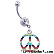 Navel ring with dangling multi-colored peace sign