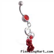 Belly ring with dangling open hearts and roses