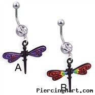 Navel ring with dangling black dragonfly