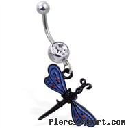 Navel Ring with Dangling Black And Blue Dragonfly