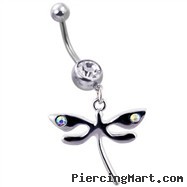 Navel ring with dangling steel dragonfly with ab gems