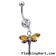 Navel ring with dangling yellow dragonfly