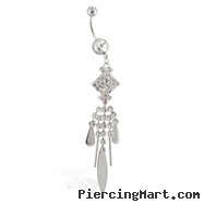 Belly ring with long jeweled dangling geometric chandelier