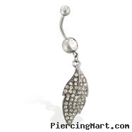 Hematite plated jeweled belly ring with dangling jeweled leaf