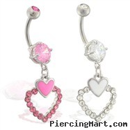 Navel ring with dangling jeweled double hearts