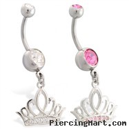 Navel ring with dangling jeweled tiara crown