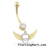 14K Yellow and White Gold belly ring with dangling heart and wings