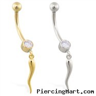 14K Gold belly ring with small dangling italian horn