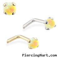 14K Gold L-shaped Nose Pin with 2mm Round Yellow Opal