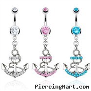 Jeweled belly ring with dangling jeweled anchor