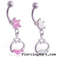 Jeweled star belly ring with dangling star circle with gem