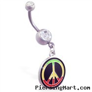 Navel ring with dangling rasta colored peace sign