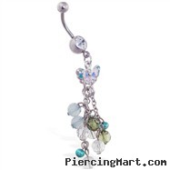 Navel ring with dangling butterfly and multi-color stones