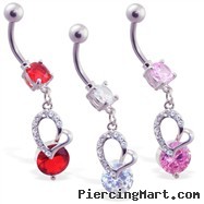 Navel ring with dangling jeweled heart and CZ