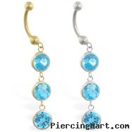 14K Gold belly ring with triple dangling round Aquamarine