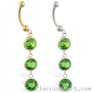 14K Gold belly ring with triple dangling round Peridot