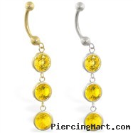 14K Gold belly ring with triple dangling round Citrine