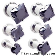 Pair Of Steel Screw-Fit Plugs with Black Square CZ