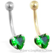 14K Gold belly ring with emerald 6mm CZ heart