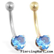 14K Gold belly ring with aquamarine 6mm CZ heart