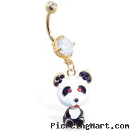 Gold Tone navel ring with dangling jeweled panda