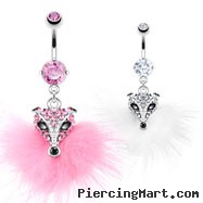 Navel ring with dangling furry jeweled fox head