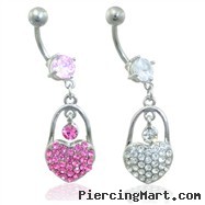 Navel ring with dangling paved jeweled heart